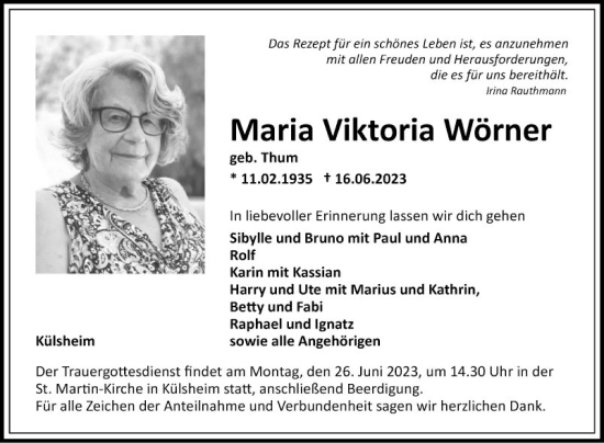 Traueranzeige von Maria Viktoria Wörner von Fränkische Nachrichten