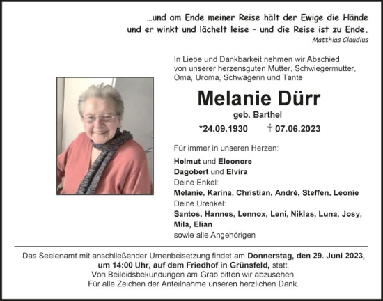 Traueranzeige von Melanie Dürr von Fränkische Nachrichten