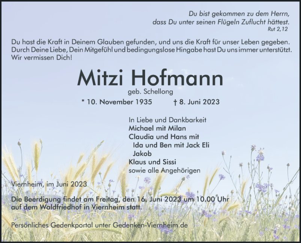  Traueranzeige für Mitzi Hofmann vom 13.06.2023 aus Mannheimer Morgen