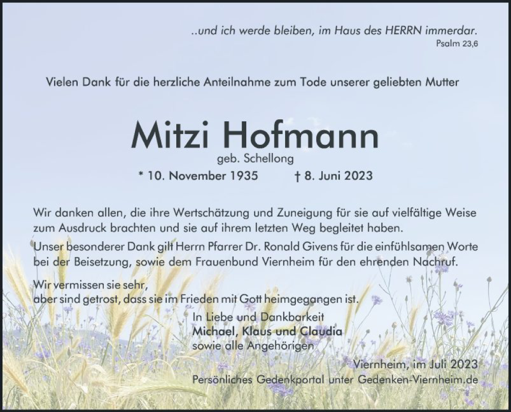  Traueranzeige für Mitzi Hofmann vom 01.07.2023 aus Mannheimer Morgen