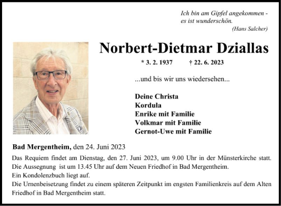 Traueranzeige von Norbert-Dietmar Dziallas von Fränkische Nachrichten