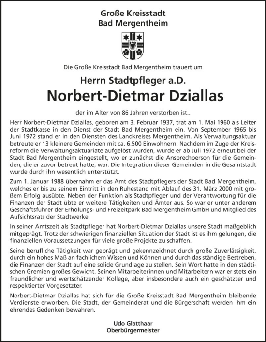 Traueranzeige von Norbert-Dietmar Dziallas von Fränkische Nachrichten