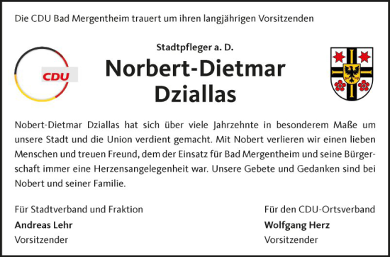 Traueranzeige von Norbert-Dietmar Dziallas von Fränkische Nachrichten