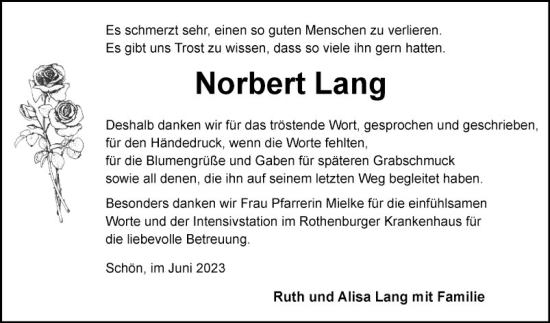 Traueranzeige von Norbert Lang von Fränkische Nachrichten