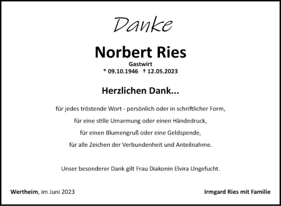 Traueranzeige von Norbert Ries von Fränkische Nachrichten