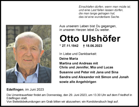 Traueranzeige von Otto Ulshöfer von Fränkische Nachrichten