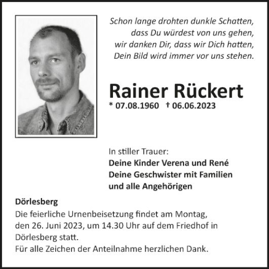 Traueranzeige von Rainer Rückert von Fränkische Nachrichten