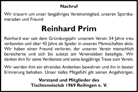 Traueranzeige von Reinhard Prim von Schwetzinger Zeitung