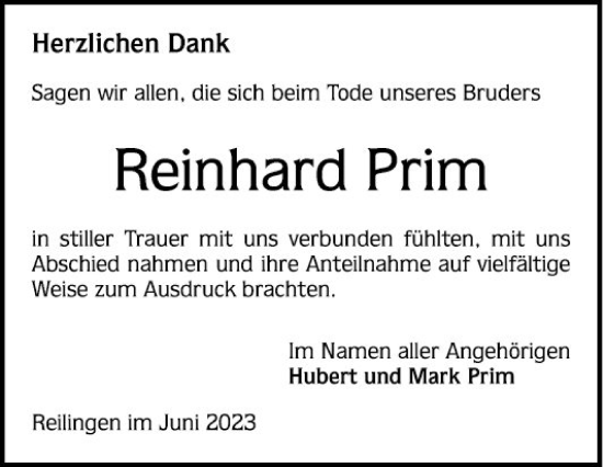 Traueranzeige von Reinhard Prim von Schwetzinger Zeitung