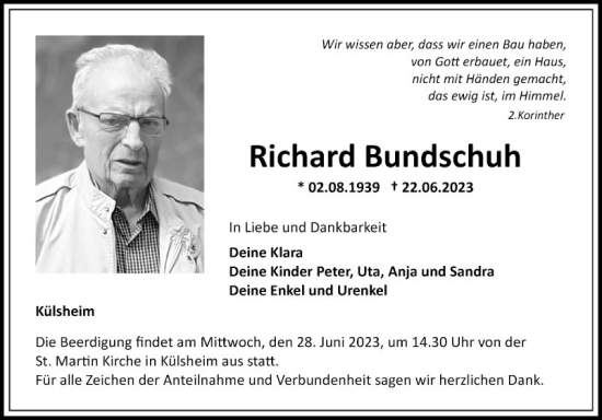 Traueranzeige von Richard Bundschuh von Fränkische Nachrichten