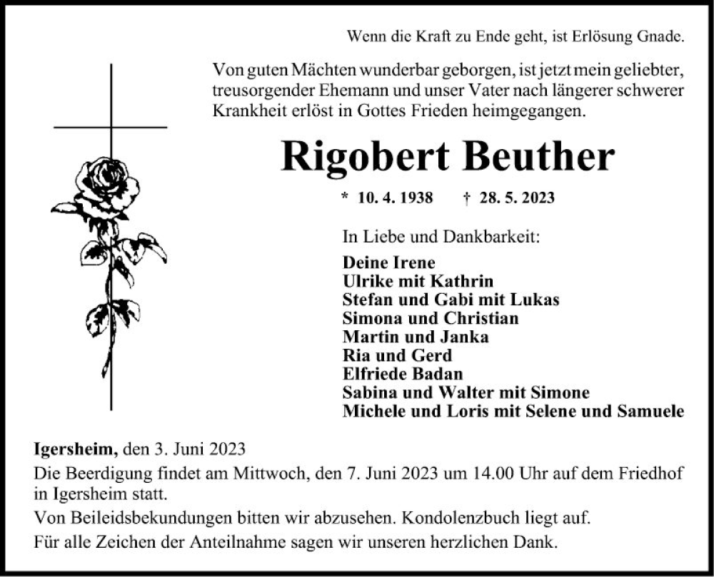  Traueranzeige für Rigobert Beuther vom 03.06.2023 aus Fränkische Nachrichten
