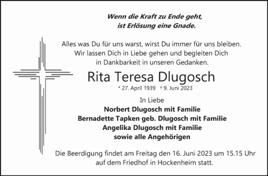 Traueranzeige von Rita Teresa Dlugosch von Schwetzinger Zeitung