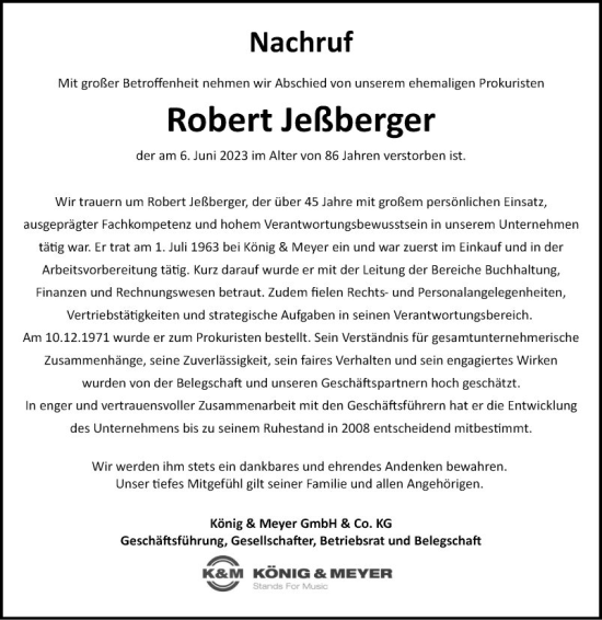 Traueranzeige von Robert Jeßberger von Fränkische Nachrichten