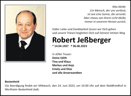 Traueranzeige von Robert Jeßberger von Fränkische Nachrichten