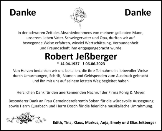 Traueranzeige von Robert Jeßberger von Fränkische Nachrichten