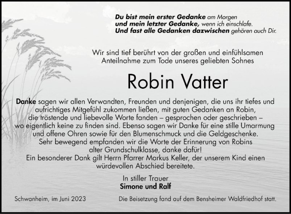 Traueranzeige für Robin Vatter vom 10.06.2023 aus Bergsträßer Anzeiger