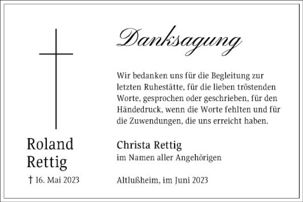  Traueranzeige für Roland Rettig vom 07.06.2023 aus Schwetzinger Zeitung