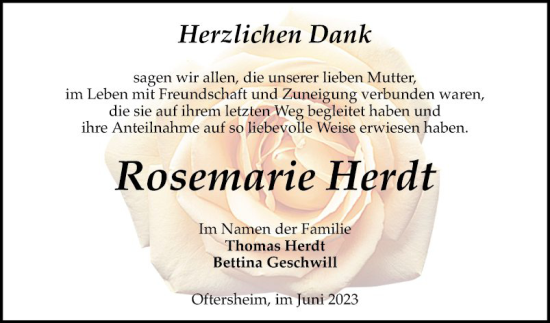 Traueranzeige von Rosemarie Herdt von Schwetzinger Zeitung