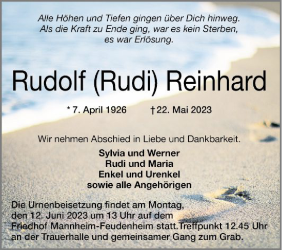 Traueranzeige von Rudolf Reinhard von Mannheimer Morgen