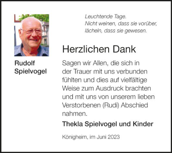 Traueranzeige von Rudolf Spielvogel von Fränkische Nachrichten