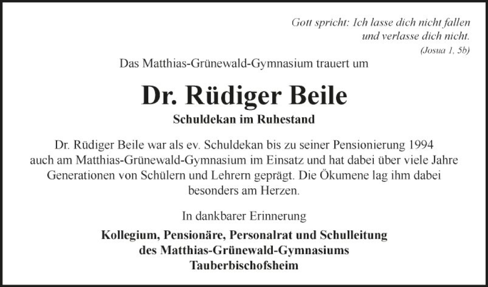  Traueranzeige für Rüdiger Beile vom 14.06.2023 aus Fränkische Nachrichten
