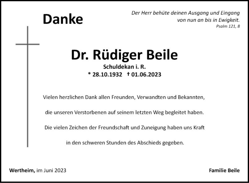  Traueranzeige für Rüdiger Beile vom 24.06.2023 aus Fränkische Nachrichten