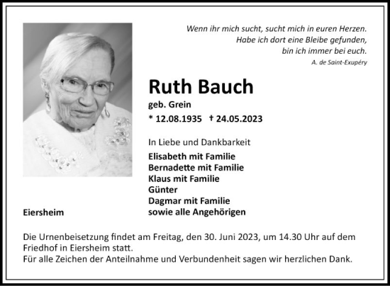 Traueranzeige von Ruth Bauch von Fränkische Nachrichten