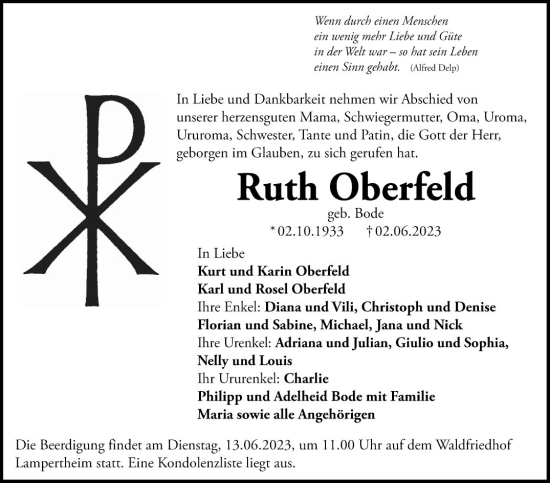 Traueranzeige von Ruth Oberfeld von Mannheimer Morgen