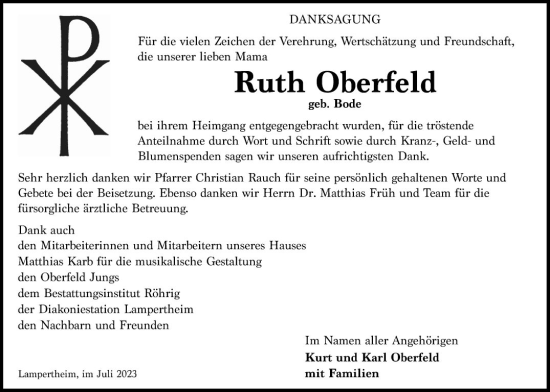 Traueranzeige von Ruth Oberfeld von Mannheimer Morgen