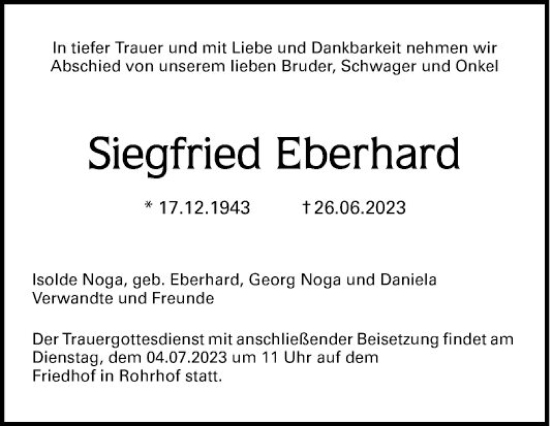 Traueranzeige von Siegfried Eberhard von Schwetzinger Zeitung