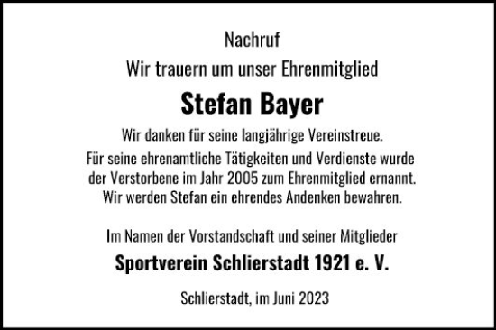 Traueranzeige von Stefan Bayer von Fränkische Nachrichten