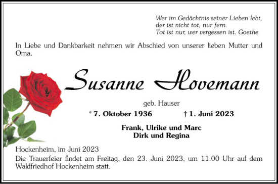 Traueranzeige von Susanne Hovemann von Schwetzinger Zeitung