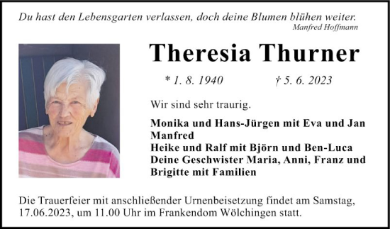 Traueranzeige von Theresia Thurner von Fränkische Nachrichten