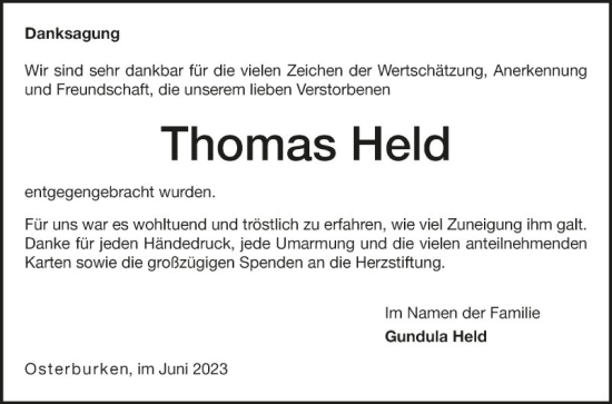 Traueranzeige von Thomas Held von Fränkische Nachrichten