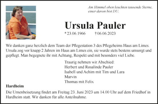 Traueranzeige von Ursula Pauler von Fränkische Nachrichten