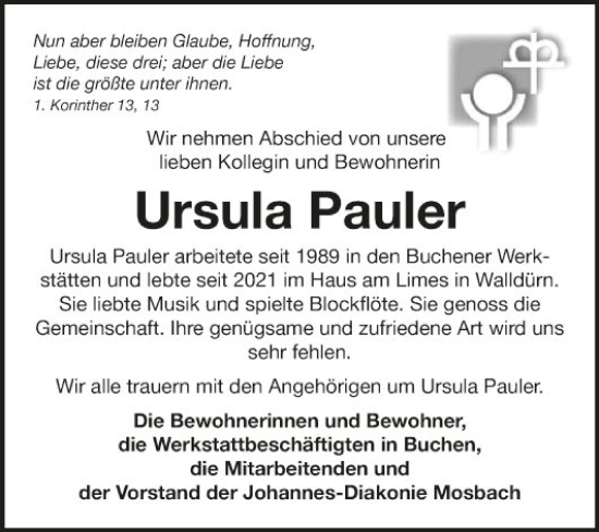 Traueranzeige von Ursula Pauler von Fränkische Nachrichten