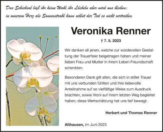 Traueranzeige von Veronika Renner von Fränkische Nachrichten