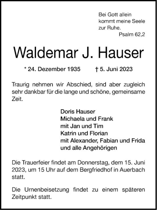 Traueranzeige von Waldemar J. Hauser von Bergsträßer Anzeiger