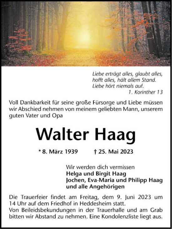 Traueranzeige von Walter Haag von Mannheimer Morgen