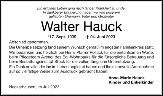 Traueranzeige von Walter Hauck von Mannheimer Morgen