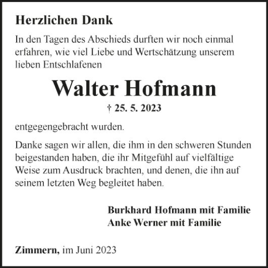 Traueranzeige von Walter Hofmann von Fränkische Nachrichten