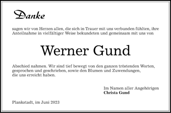 Traueranzeige von Werner Gund von Schwetzinger Zeitung