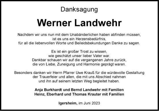 Traueranzeige von Werner Landwehr von Fränkische Nachrichten