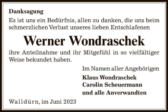 Traueranzeige von Werner Wondraschek von Fränkische Nachrichten