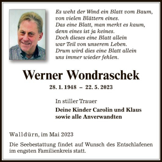 Traueranzeige von Werner Wondraschek von Fränkische Nachrichten