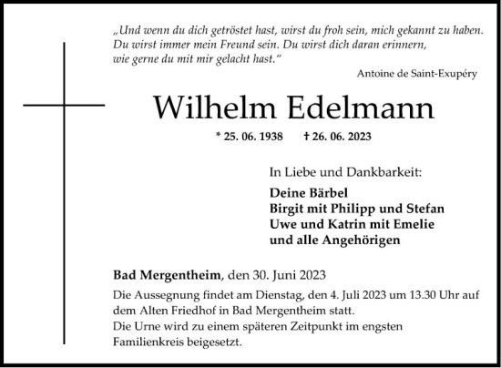 Traueranzeige von Wilhelm Edelmann von Fränkische Nachrichten