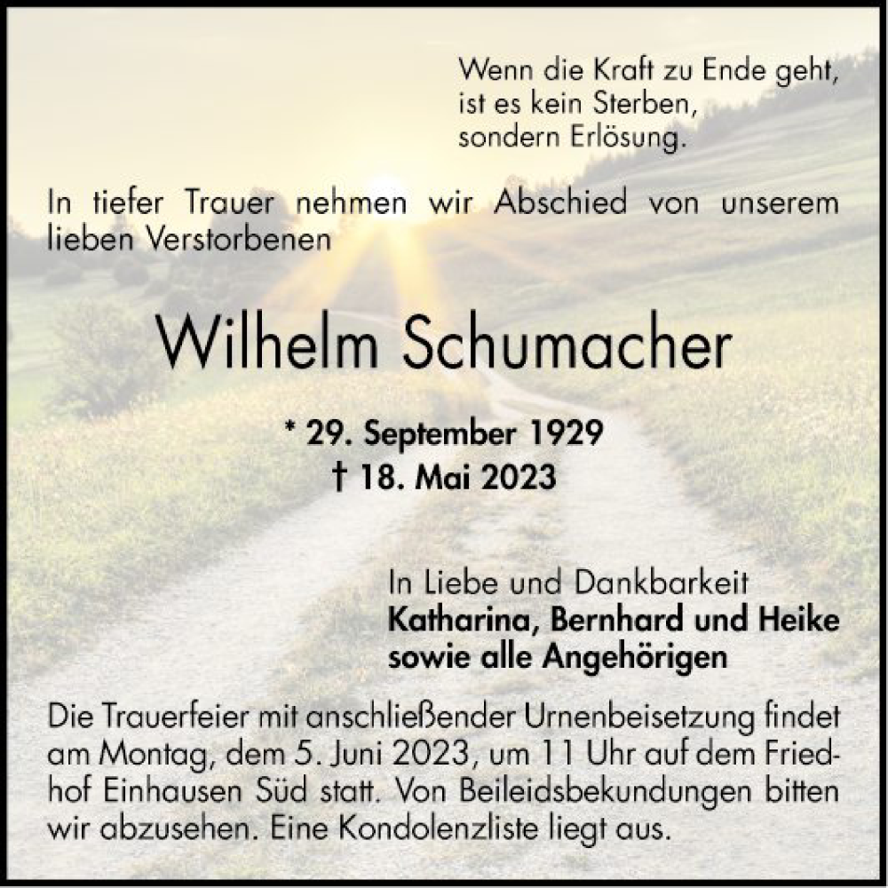  Traueranzeige für Wilhelm Schumacher vom 02.06.2023 aus Bergsträßer Anzeiger