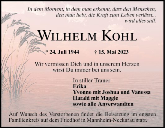 Traueranzeige von Wilhlem Kohl von Mannheimer Morgen