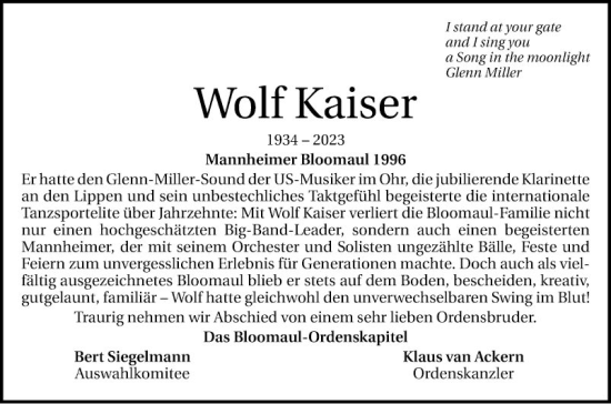 Traueranzeige von Wolf Kaiser von Mannheimer Morgen