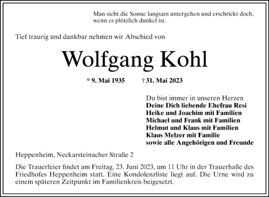 Traueranzeige von Wolfgang Kohl von Bergsträßer Anzeiger